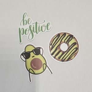 Set of 3 Fun Stickers – Be Positive, Avocado, Donut